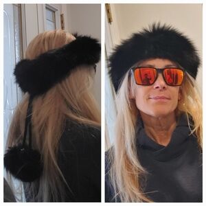 Black Fox Fur Headband Neck Warmer Collar Scarf pompoms